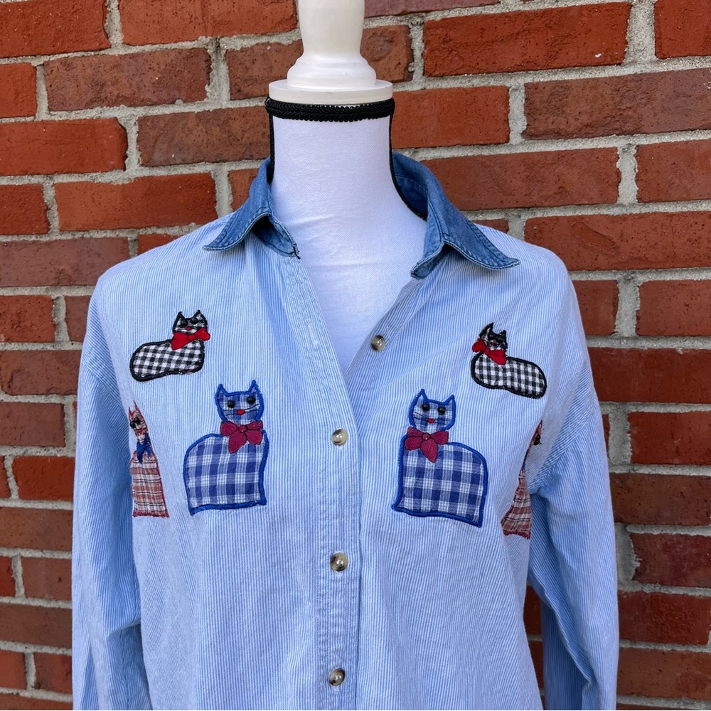 Vintage Button Front Patchwork Cat Print Blue Cha… - image 2